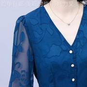 秋季女装百雪纺花孔雀蓝9570-ss8提拼接大码装女长袖修身褶连
