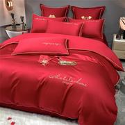 喜庆结婚四件套磨毛刺绣被套中国风大红床单被罩婚礼床上用品
