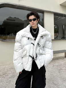 冬装韩国小众皮扣装饰设计感立领，棉衣男加厚保暖高级感短款面包服