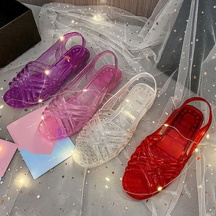 2021夏季时装凉鞋女坡跟塑料拖鞋妈妈防滑果冻鞋透明水晶沙滩鞋子