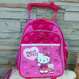 海外限定 Hello Kitty花仙子桃红可爱小熊格纹拉杆书包