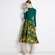 立领假两件系带针织拼接时尚印花复古长裙修身长袖绿色连衣裙秋冬