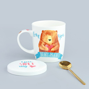 爱心熊 骨瓷马克杯早餐杯带盖勺卡通陶瓷牛奶杯咖啡杯家用水杯