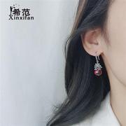 s925纯银复古耳钉女韩版时尚做旧莲花石榴石耳环冷淡风气质耳饰品