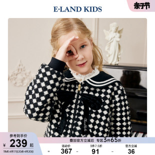 eland kids衣恋童装女童复古海军领蝴蝶结格纹大衣外套