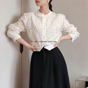 与她小众原创设计新中式荷叶，花边复古蕾丝法式优雅白衬衫上衣女