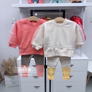 韩国中小童装春女童宝宝白色纱(白色纱)纱袖纯棉卫衣打底裤套装