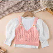 女童毛衣吊带背心，2024春秋儿童针织衫，花朵小童宝宝衣服洋气