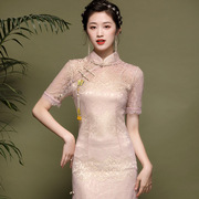金粉色改良旗袍复古风短袖中长款气质年轻款蕾丝日常连衣裙礼服纯