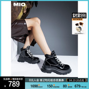 MIO米奥2023冬季纯色高跟厚底靴子时髦酷飒系带机能马丁靴女靴