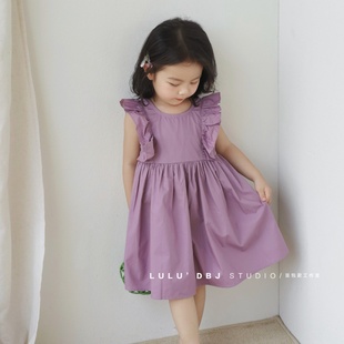 度假风 2024夏季韩版女童宝宝紫色飞袖连衣裙儿童气质露背公主裙