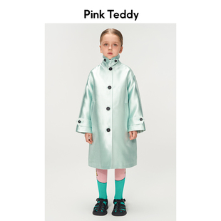 Pink Teddy童装女童绿色中长款风衣24春秋儿童经典宽松极简外套
