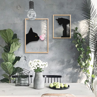 起贝北欧墙面客厅猫咪装饰画餐厅透明画实木框猫挂画黑白摆件壁画