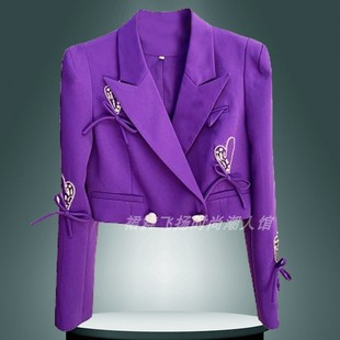 欧美2024春夏新通勤香芋，紫修身心钻石钉珠蝴蝶结，薄款短款西装外套