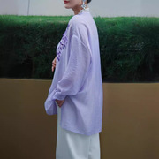 新中式国风刺绣上衣长袖2024年春季紫色微透宽松显瘦气质衬衫