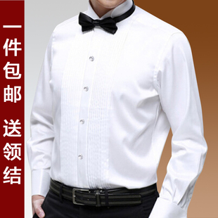 男士演出礼服法式衬衫，套装舞台大合唱男长袖，白色领结衬衣伴郎男