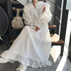 韩国chic洋气优雅重工蕾丝，娃娃领荷叶，边拼接压褶宽松喇叭袖连衣裙