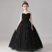 儿童晚礼服女童公主裙生日黑色，婚纱走秀小女孩，钢琴小提琴演出服装