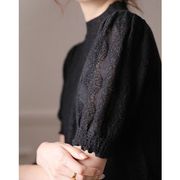 黑色短袖t恤女2024年夏季薄款设计感小众时尚，蕾丝泡泡袖上衣