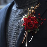 高端原创欧美婚礼胸花酒红色，玫瑰中式个性，喜庆新郎新娘结婚装