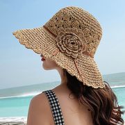 花朵草帽女夏凉帽子大帽檐，沿遮阳帽折叠小清新太阳帽海边沙滩