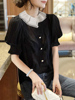 法式黑色雪纺衫女灯笼袖蕾丝，拼接气质高级衬衫2024夏季欧洲站