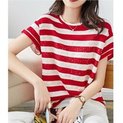 t恤2022夏设计(夏设计)感红色，亮片条纹宽松上衣冰丝针织衫女短袖舒适