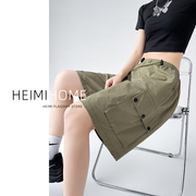 军绿色工装短裤女夏季美式设计感阔腿五分裤小个子抽绳休闲运动裤