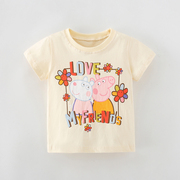 夏季女童花朵短袖T恤纯棉卡通猪可爱上衣5岁儿童夏装体恤半袖打底