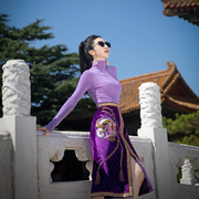 magicq原创设计魅力，紫色重工刺绣印花高腰，前开叉半身裙秋季