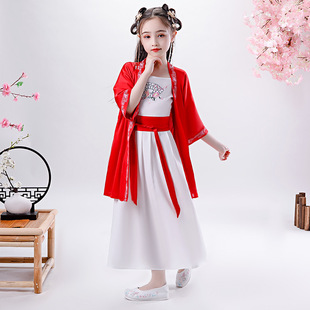 女童粉色中国风连衣裙春夏季l7女孩古装，汉服中袖两件套雪纺裙套装