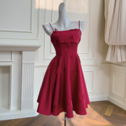 酒红色小吊带连衣裙收腰显瘦气质礼服裙拼接法式无袖气质名媛