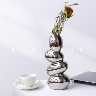 北欧轻奢电镀银异形陶瓷花瓶摆件客厅餐厅别墅样板房设计师装饰品