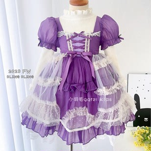 韩国童装2023秋装，love甜美洋装洛丽塔，公主紫色生日连衣裙
