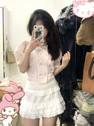 粉色娃娃领短袖衬衫女夏季日系甜美设计感泡泡袖小众洋气短款上衣