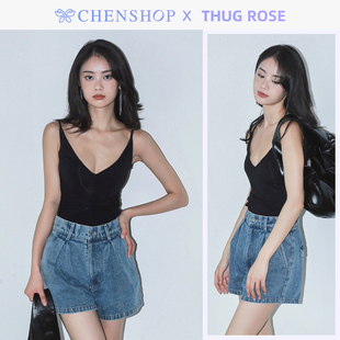 THUG ROSE时尚百搭连身款吊带上衣牛仔短裤女CHENSHOP设计师品牌