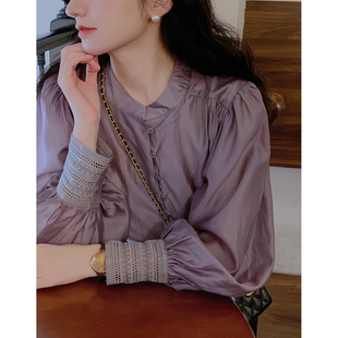 ramesse普罗旺斯薄纱烟紫色，复古钩花拼接灯笼袖，天丝长袖衬衫
