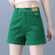 绿色牛仔短裤女2024年夏季高腰宽松a字显瘦外穿薄款阔腿裤