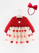 婴儿秋冬加绒裙子女童连衣裙，公主女宝宝一周岁礼服红色洋气拜年服