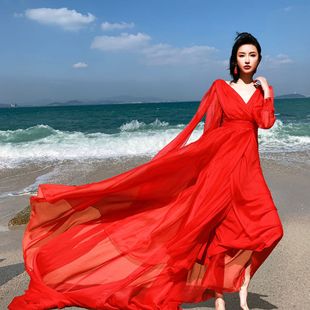 三亚云南海边度假旅拍照长裙，民族风复古飘逸沙滩裙沙漠拖地连衣裙
