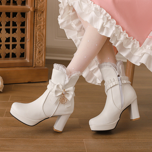 白色lo靴子甜美淑女公主洛丽塔，鞋子女百搭加绒冬季高跟鞋女短靴女