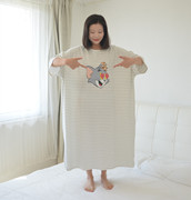 卡通猫咪睡裙女夏季加肥大码加长款纯棉短袖条纹家居睡衣200斤