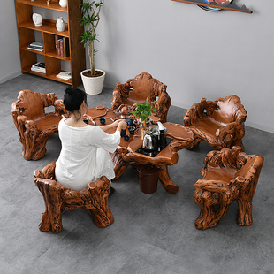 仿木根雕茶几桌椅组合套装茶具一体办公室庭院中式泡茶台家用