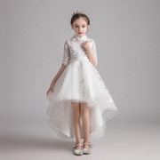 儿童礼服公主裙女童蓬蓬纱前短后长白色小花童婚纱钢琴演出服夏季