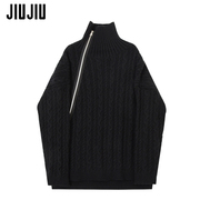 JIUJIU斜拉链高领黑色毛衣女设计感小众韩版宽松慵懒风针织衫上衣