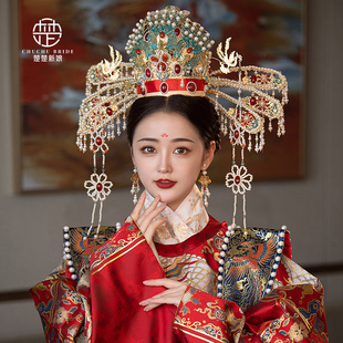 中式古风民族风新娘头饰，古典结婚景泰蓝明制汉服，古装婚礼大气凤冠