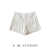 白色高腰前中拉链工装短裤，女夏季美式休闲显瘦设计感贴袋阔腿裤子