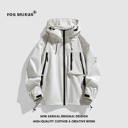 fogmurua美式机能风，纯色连帽冲锋衣男复古宽松潮流山系户外外套