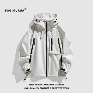 fogmurua美式机能风冲锋衣，纯色连帽男复古宽松潮流山系户外外套