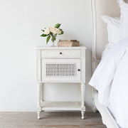 法式复古实木藤艺床头柜 白色边几角几欧式复古雕花藤制储物柜